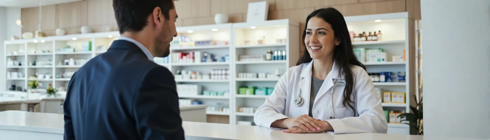 Farmacêutica atendendo executivo. Serviços de saúde para empresas conveniadas aumentam margens da farmácia.