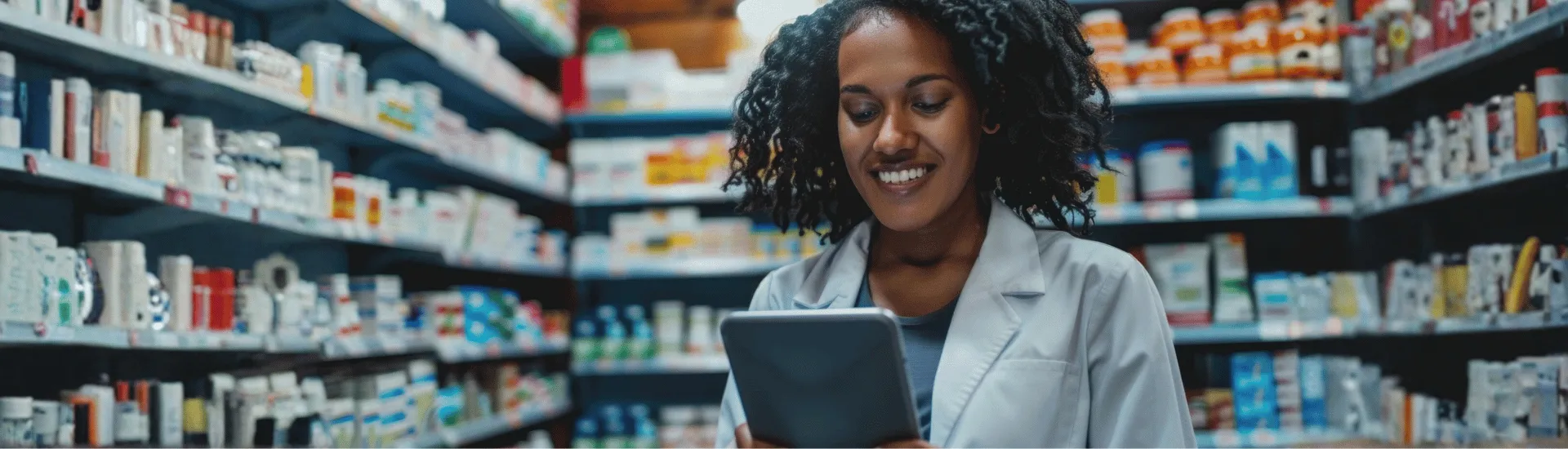Inteligência Artificial na cadeia logística farmacêutica: do laboratório à farmácia Farmacêutica segurando tablet. Descubra como a IA pode melhorar a cadeia logística farmacêutica.