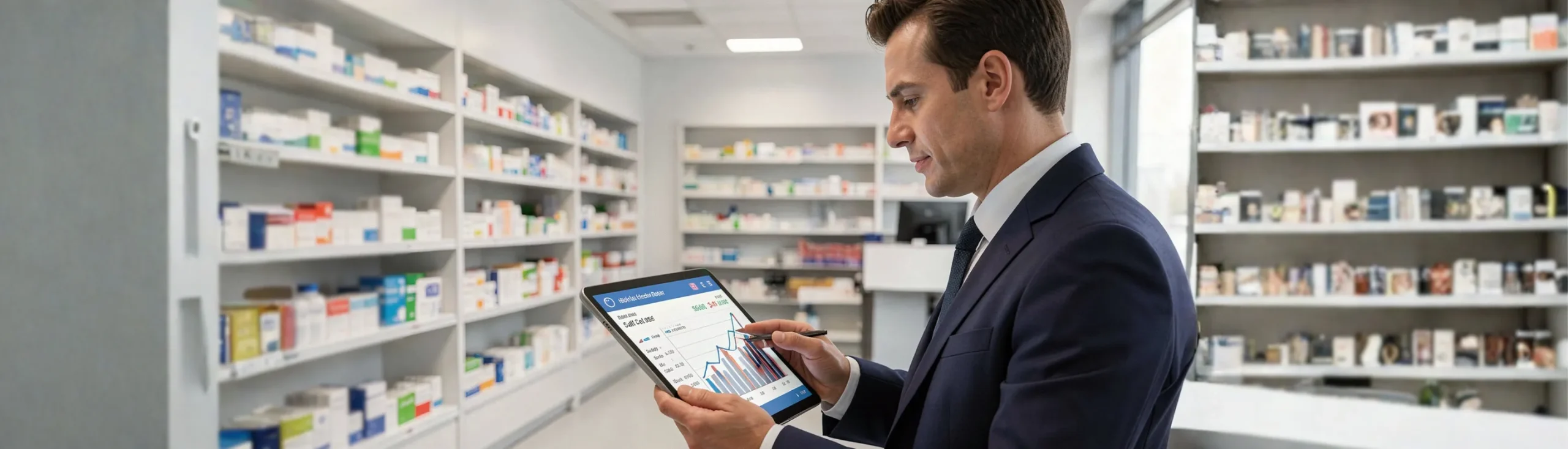 Foto de executivo visualizando dados em tablet. Entenda o papel dos dados de sell-out para a indústria farma.