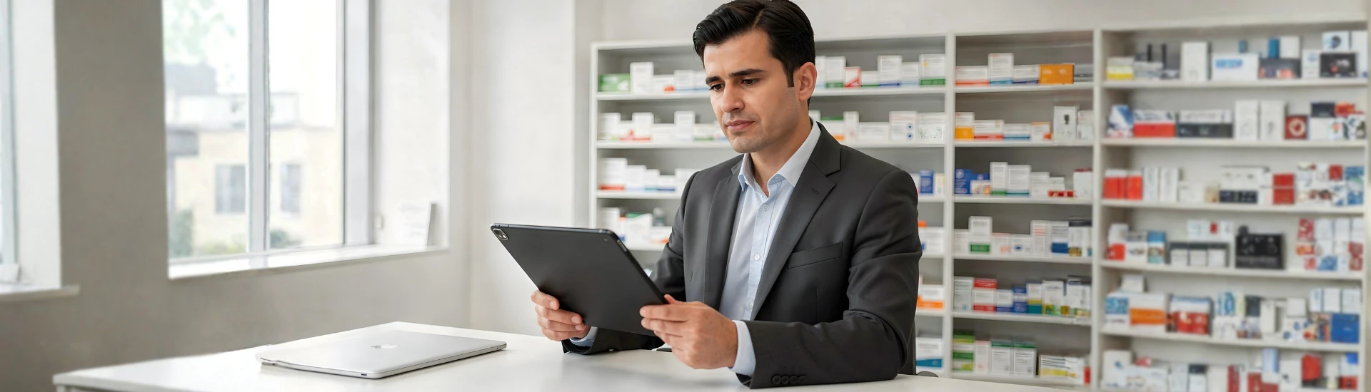 Foto de profissional da indústria olhando para tablet. Entenda onde estão os principais gargalos do canal farmacêutico.