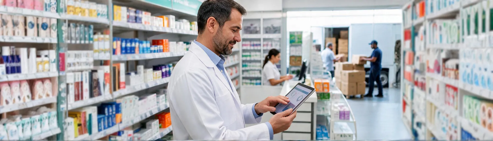 Foto ilustrativa de gestor de farmácia interagindo com tablet