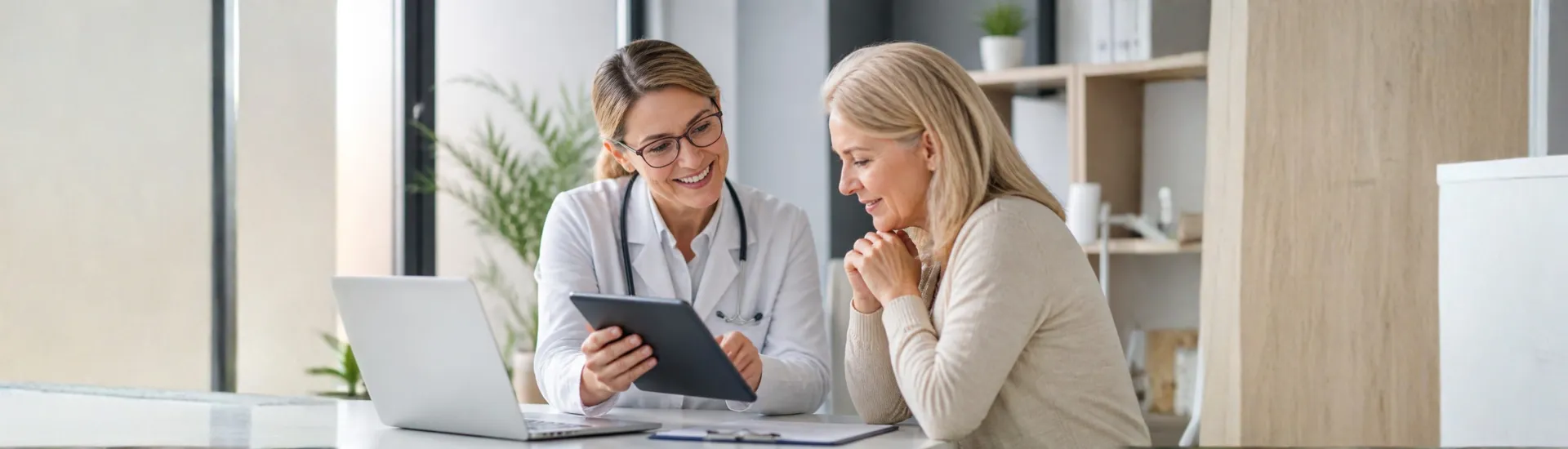 PSP digital: como ampliar o suporte ao paciente com tecnologia e atendimento humanizado Foto ilustrativa de médica e paciente interagindo com tablet. Entenda como a digitalização ampliou as possibilidades dos PSPs