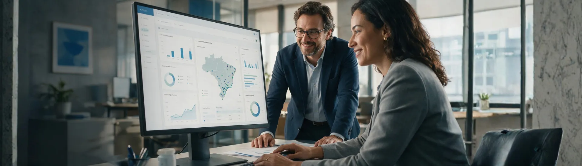 Foto ilustrativa de dois profissionais analisando dados de inteligência comercial